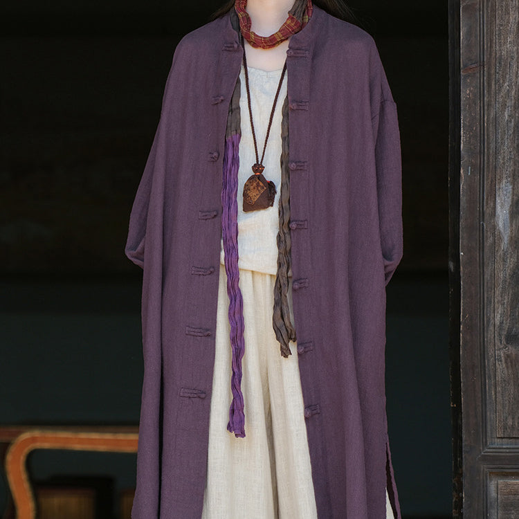 Loose Standing Collar Linen Long Shirt, Vintage Chinese Linen Shirt Plus size