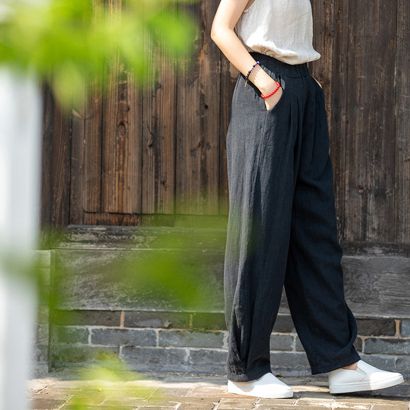 Women's Linen Pants, Loose Casual Elastic Waist Linen Pants