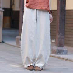 Summer loose linen wide leg pants, vintage elastic waist cotton straight leg pants