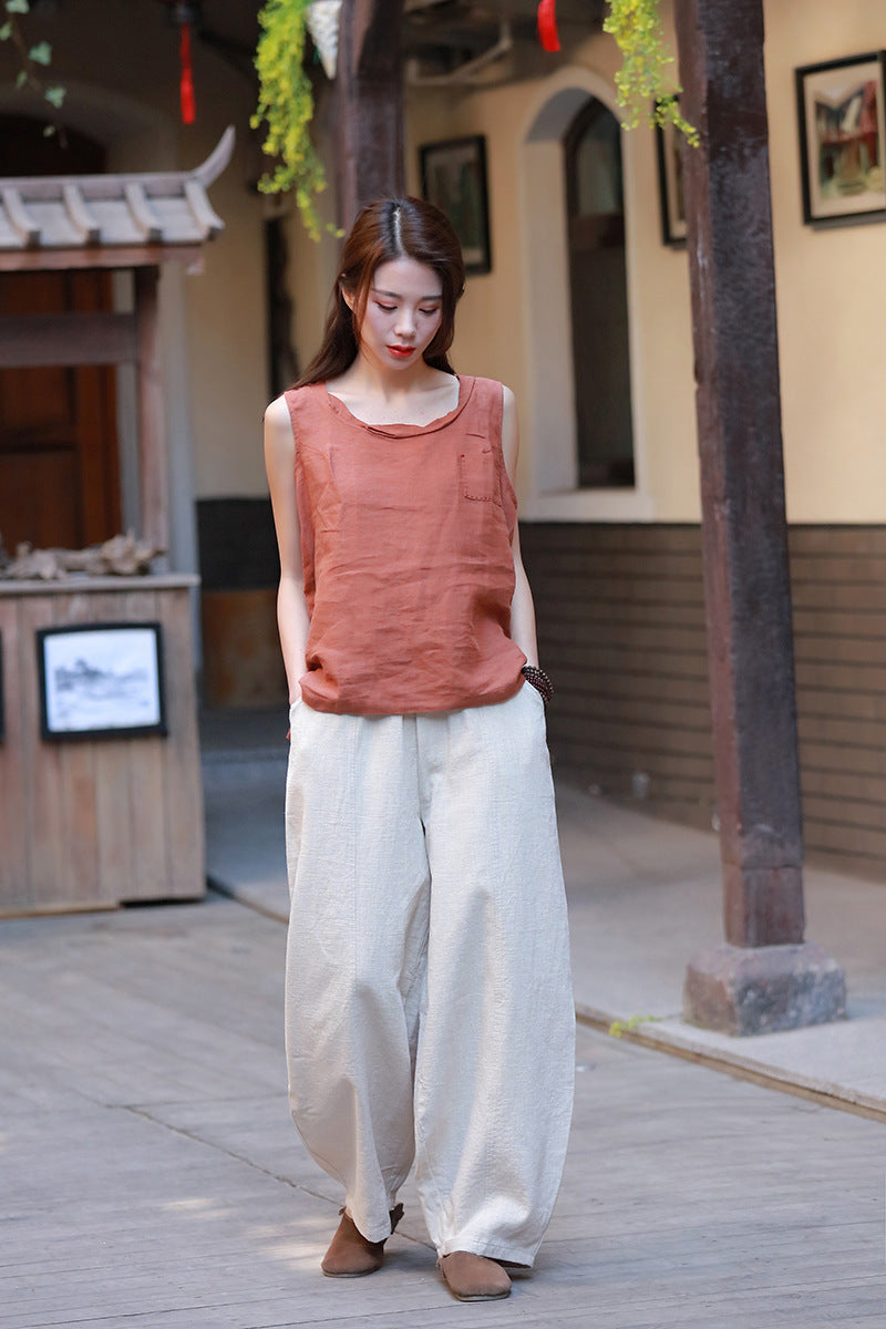 Summer loose linen wide leg pants, vintage elastic waist cotton straight leg pants