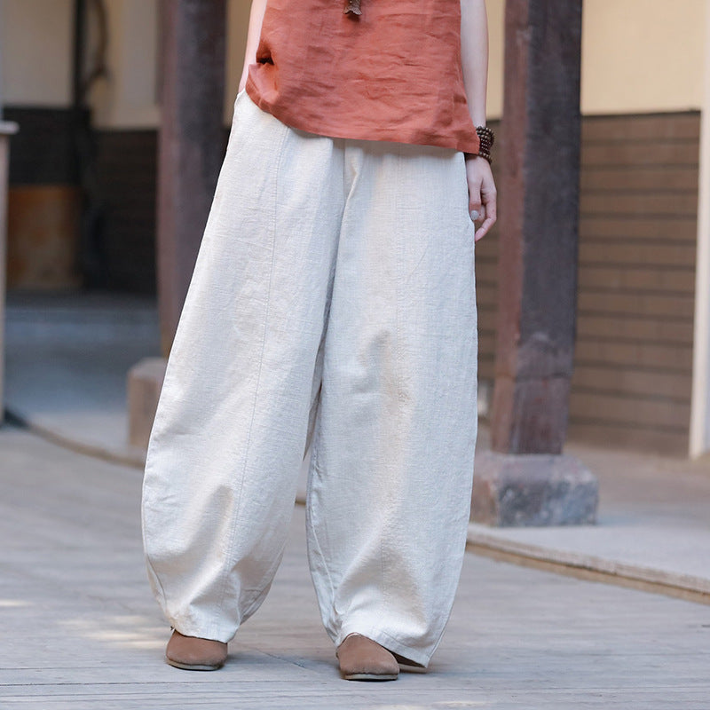 Summer loose linen wide leg pants, vintage elastic waist cotton straight leg pants