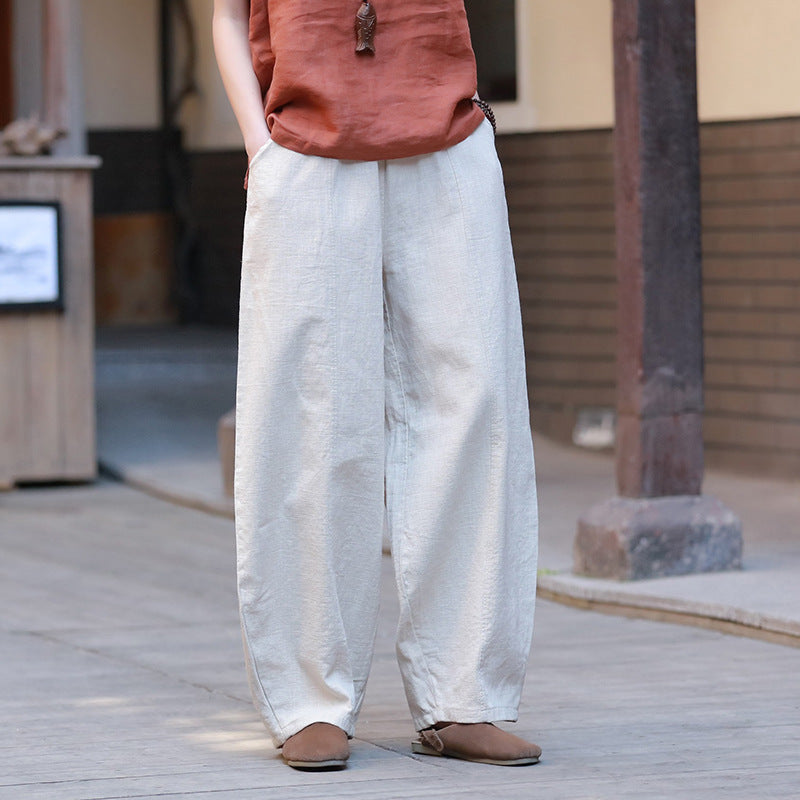 Summer loose linen wide leg pants, vintage elastic waist cotton straight leg pants