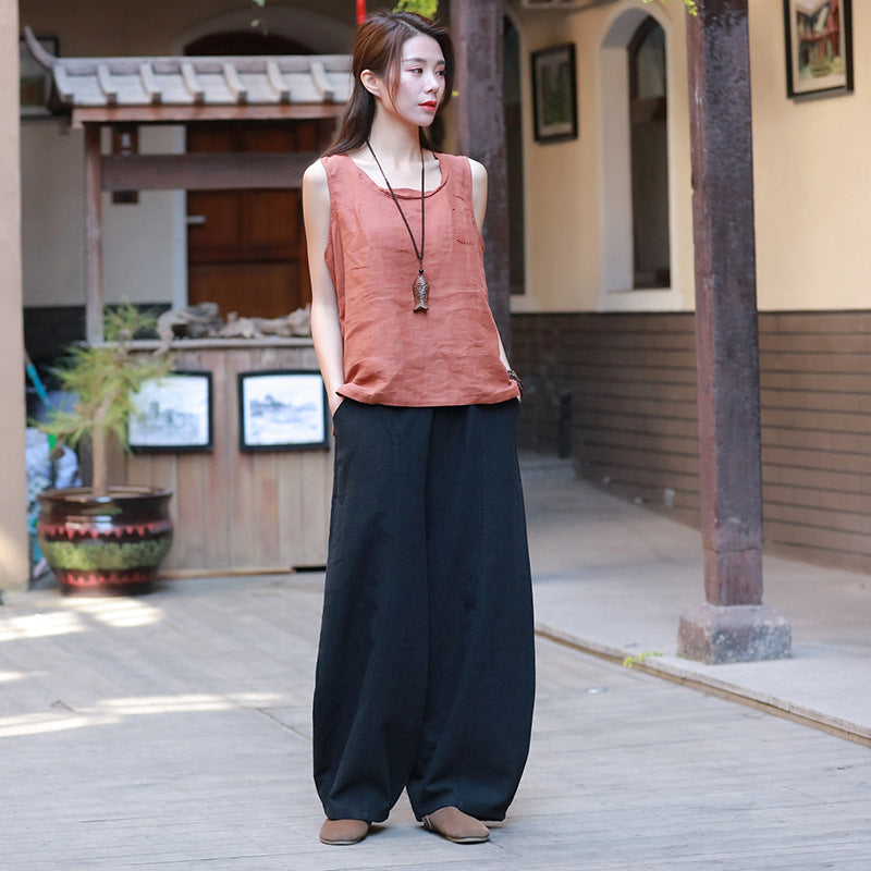 Summer loose linen wide leg pants, vintage elastic waist cotton straight leg pants