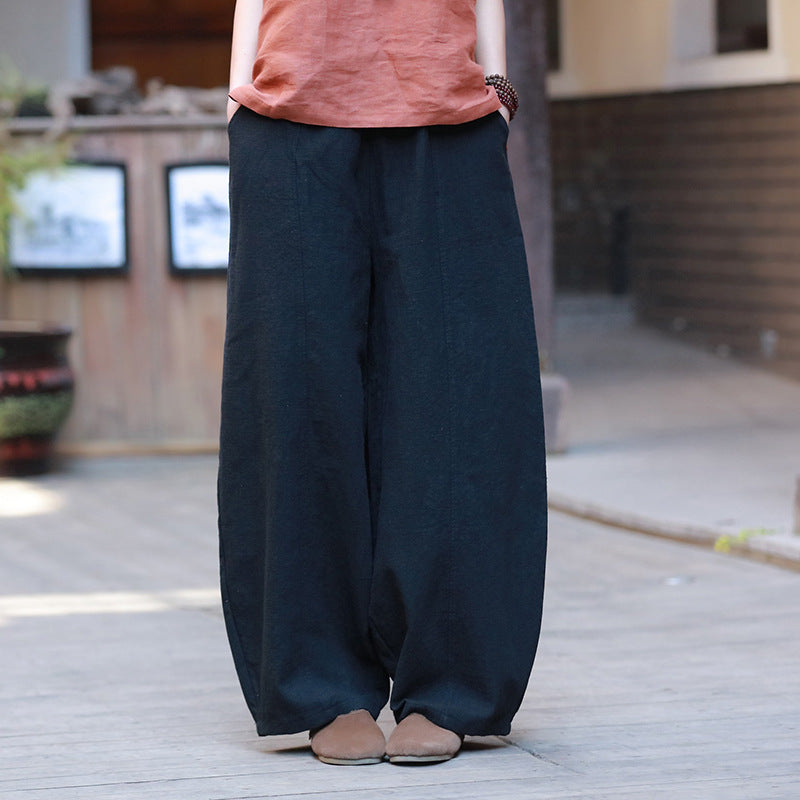 Summer loose linen wide leg pants, vintage elastic waist cotton straight leg pants