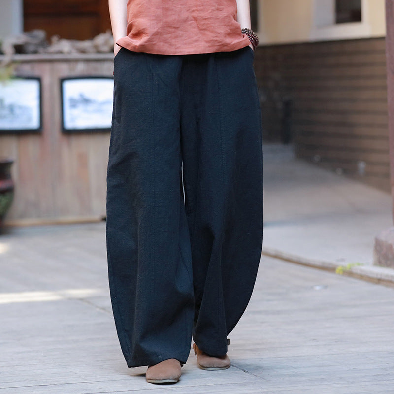 Summer loose linen wide leg pants, vintage elastic waist cotton straight leg pants