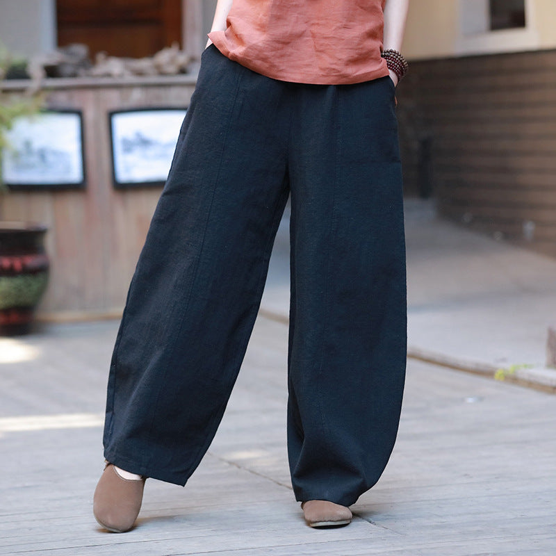 Summer loose linen wide leg pants, vintage elastic waist cotton straight leg pants