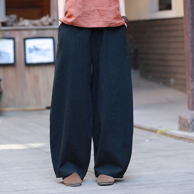 Summer loose linen wide leg pants, vintage elastic waist cotton straight leg pants