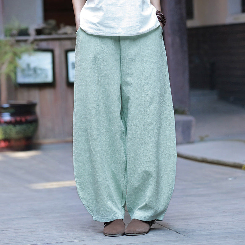 Summer loose linen wide leg pants, vintage elastic waist cotton straight leg pants