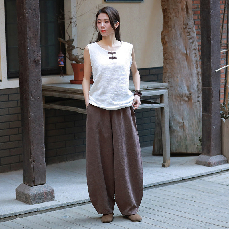 Summer loose linen wide leg pants, vintage elastic waist cotton straight leg pants