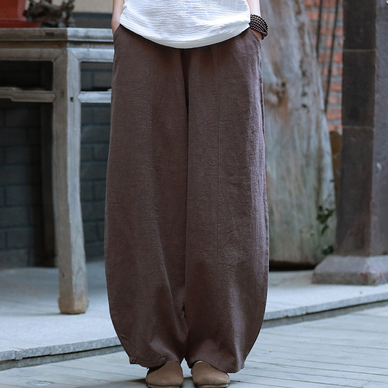 Summer loose linen wide leg pants, vintage elastic waist cotton straight leg pants