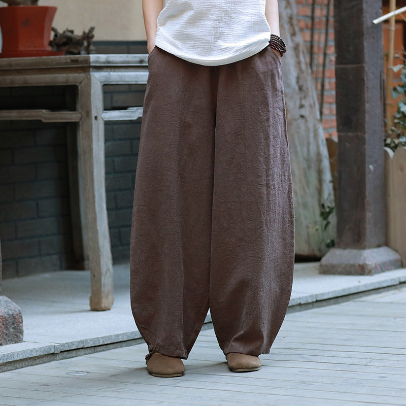 Summer loose linen wide leg pants, vintage elastic waist cotton straight leg pants