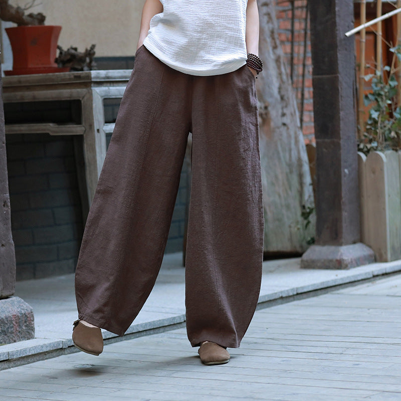 Summer loose linen wide leg pants, vintage elastic waist cotton straight leg pants