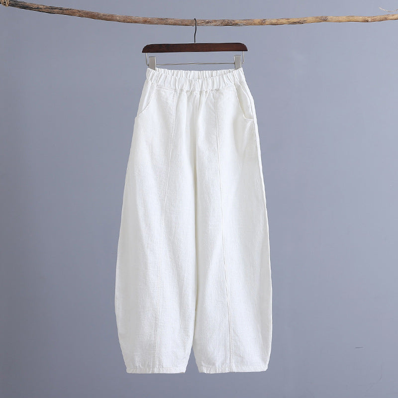 Summer loose linen wide leg pants, vintage elastic waist cotton straight leg pants