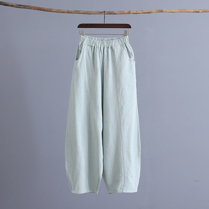 Summer loose linen wide leg pants, vintage elastic waist cotton straight leg pants