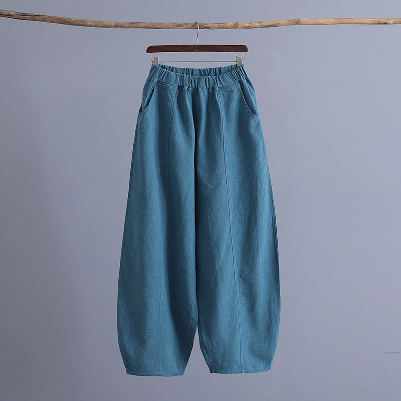 Summer loose linen wide leg pants, vintage elastic waist cotton straight leg pants