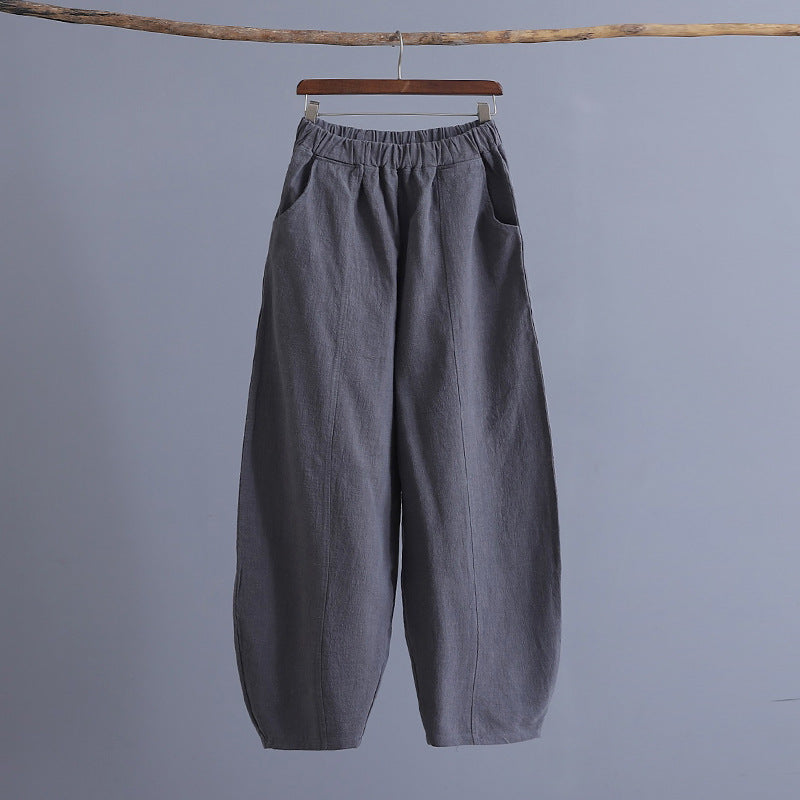 Summer loose linen wide leg pants, vintage elastic waist cotton straight leg pants