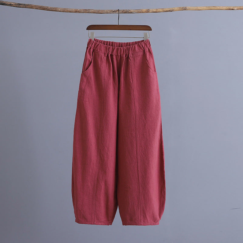 Summer loose linen wide leg pants, vintage elastic waist cotton straight leg pants