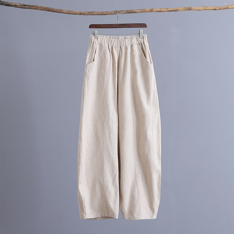 Summer loose linen wide leg pants, vintage elastic waist cotton straight leg pants