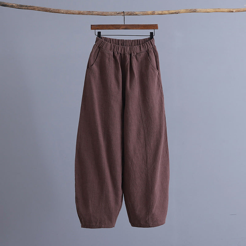 Summer loose linen wide leg pants, vintage elastic waist cotton straight leg pants