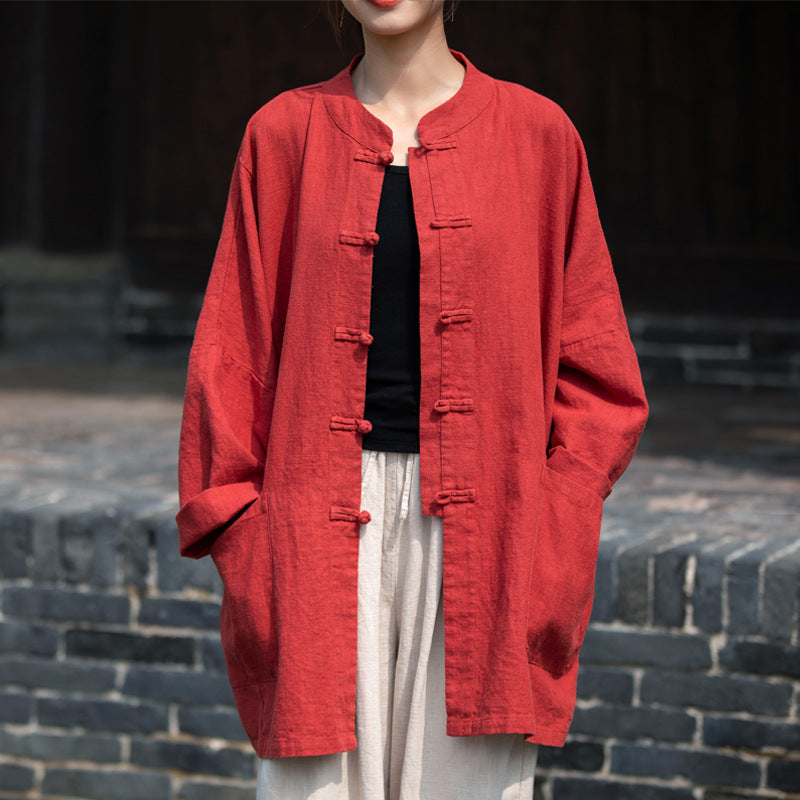 Loose Casual Linen Shirt, Vintage Chinese Standing Collar Frog Button Cotton Linen Shirt