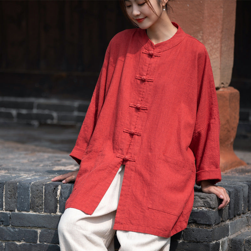 Loose Casual Linen Shirt, Vintage Chinese Standing Collar Frog Button Cotton Linen Shirt