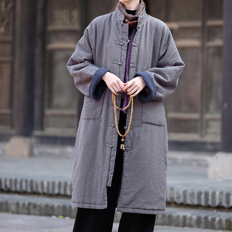 Loose Casual Linen Winter Coat, Vintage Chinese Standing Collar Frog Button Cotton Linen Coat