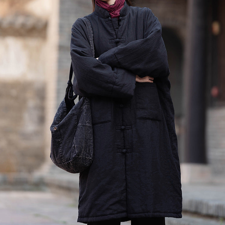 Loose Casual Linen Winter Coat, Vintage Chinese Standing Collar Frog Button Cotton Linen Coat