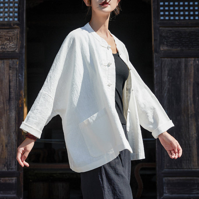 Loose Casual Linen Shirt, Vintage Chinese Standing Collar Frog Button Cotton Linen Shirt