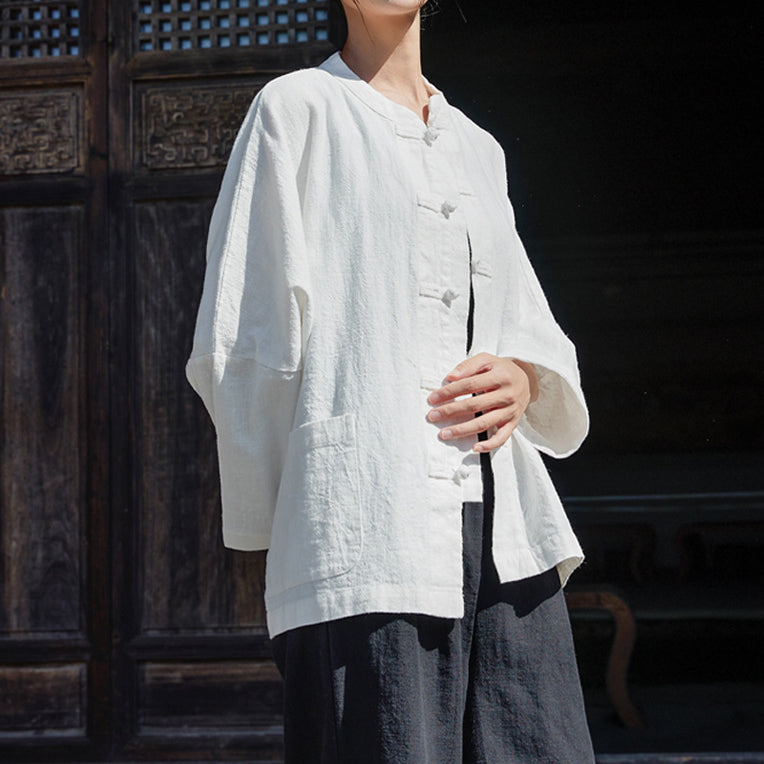 Loose Casual Linen Shirt, Vintage Chinese Standing Collar Frog Button Cotton Linen Shirt