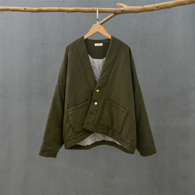 Loose Casual Linen Jacket, Vintage Chinese Standing Collar Frog Button Cotton Jacket