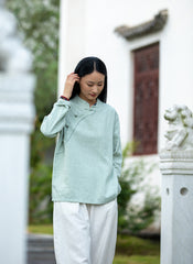 Loose Casual Linen Shirt, Vintage Chinese Standing Collar Frog Button Cotton Linen Shirt