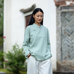 Loose Casual Linen Shirt, Vintage Chinese Standing Collar Frog Button Cotton Linen Shirt