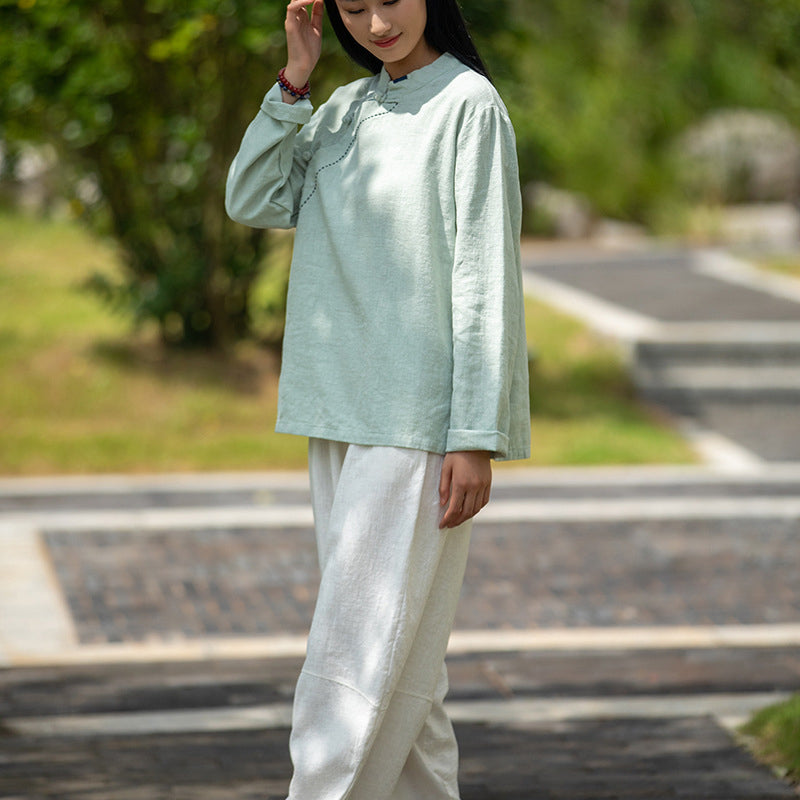 Loose Casual Linen Shirt, Vintage Chinese Standing Collar Frog Button Cotton Linen Shirt