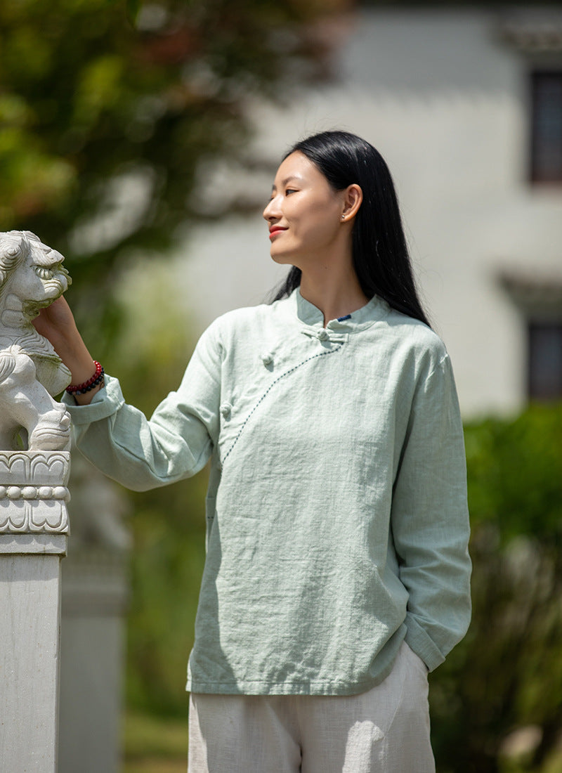 Loose Casual Linen Shirt, Vintage Chinese Standing Collar Frog Button Cotton Linen Shirt