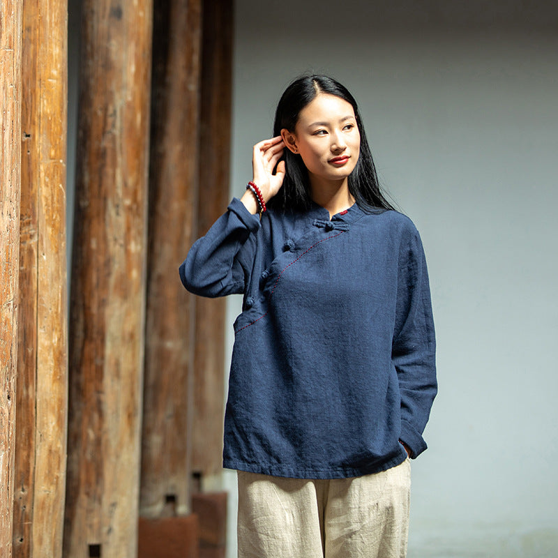 Loose Casual Linen Shirt, Vintage Chinese Standing Collar Frog Button Cotton Linen Shirt