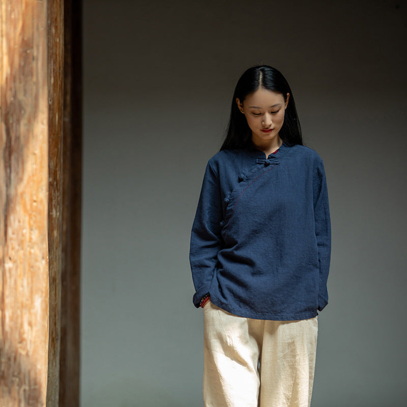 Loose Casual Linen Shirt, Vintage Chinese Standing Collar Frog Button Cotton Linen Shirt