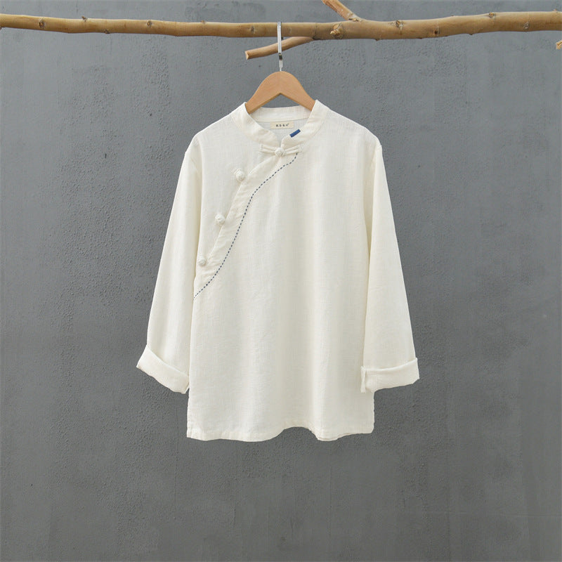 Loose Casual Linen Shirt, Vintage Chinese Standing Collar Frog Button Cotton Linen Shirt