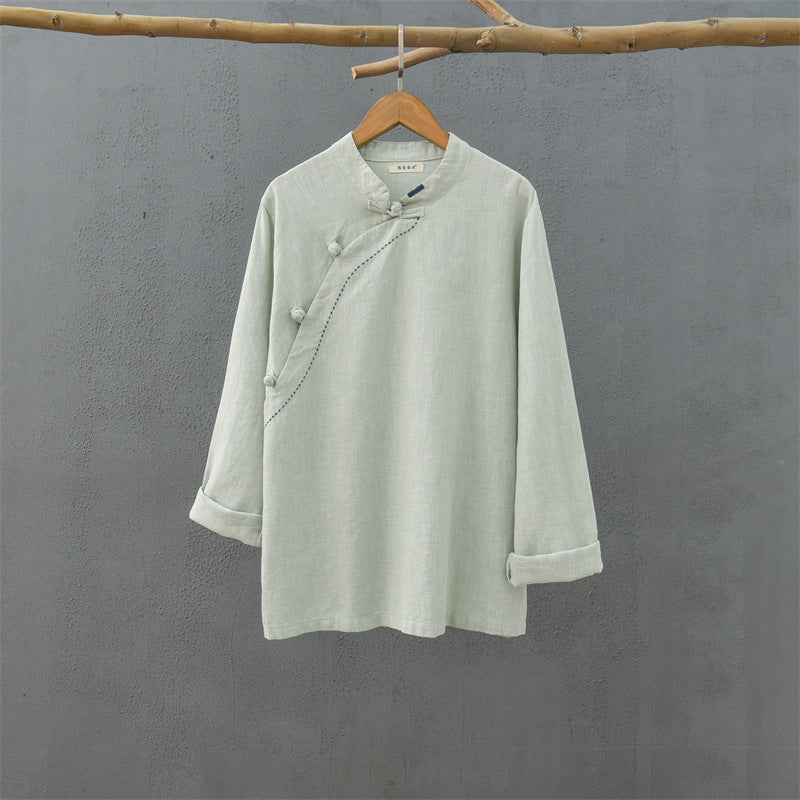 Loose Casual Linen Shirt, Vintage Chinese Standing Collar Frog Button Cotton Linen Shirt