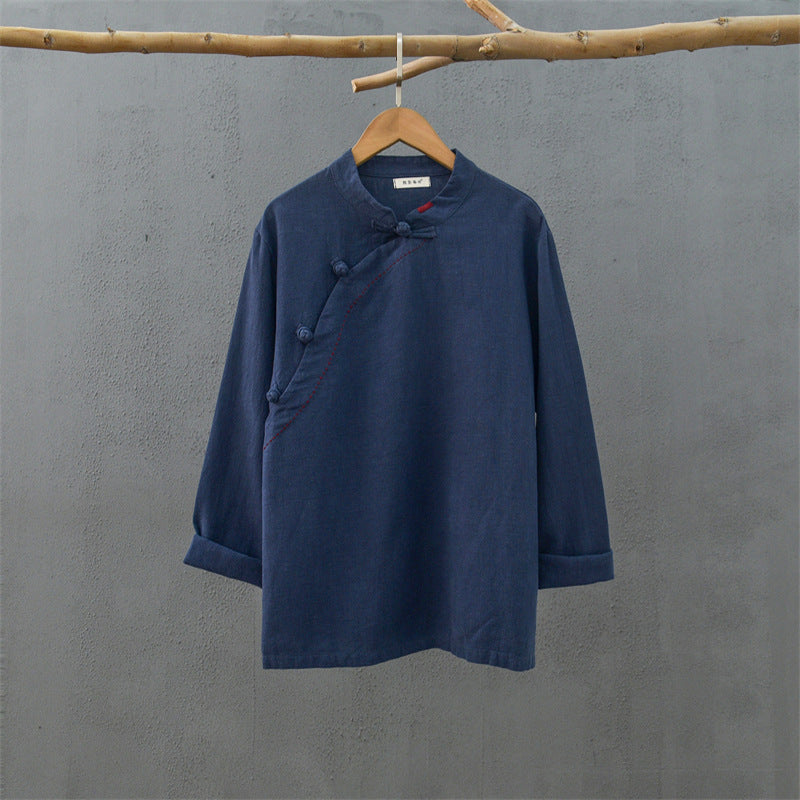 Loose Casual Linen Shirt, Vintage Chinese Standing Collar Frog Button Cotton Linen Shirt