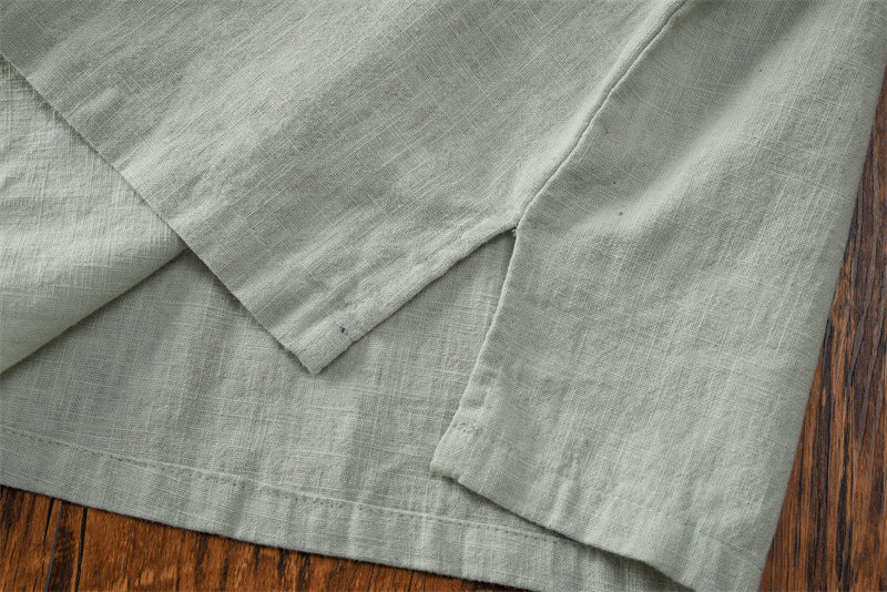 Loose Casual Linen Shirt, Vintage Chinese Standing Collar Frog Button Cotton Linen Shirt