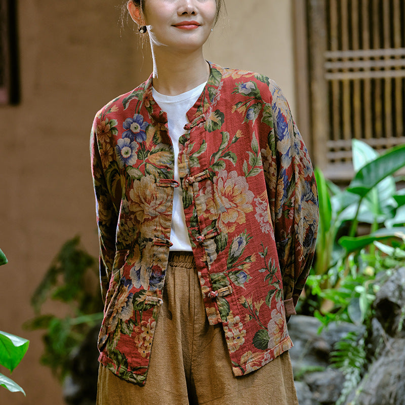 Loose Casual Linen Printed Flower Shirt, Vintage Chinese Standing Collar Frog Button Cotton Shirt