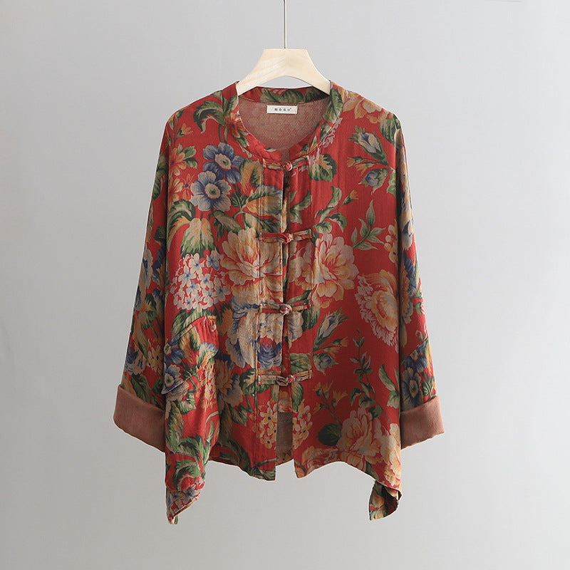 Loose Casual Linen Printed Flower Shirt, Vintage Chinese Standing Collar Frog Button Cotton Shirt