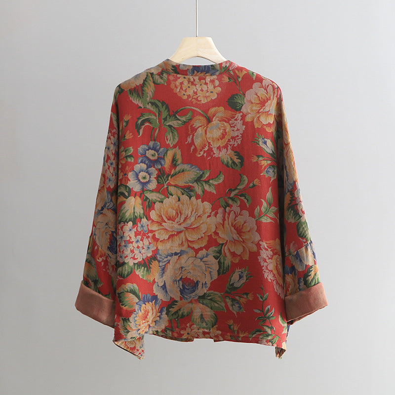 Loose Casual Linen Printed Flower Shirt, Vintage Chinese Standing Collar Frog Button Cotton Shirt