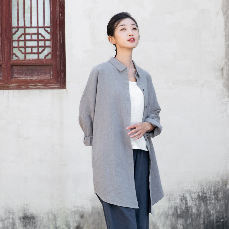 Loose casual linen long shirt, summer cotton shirt