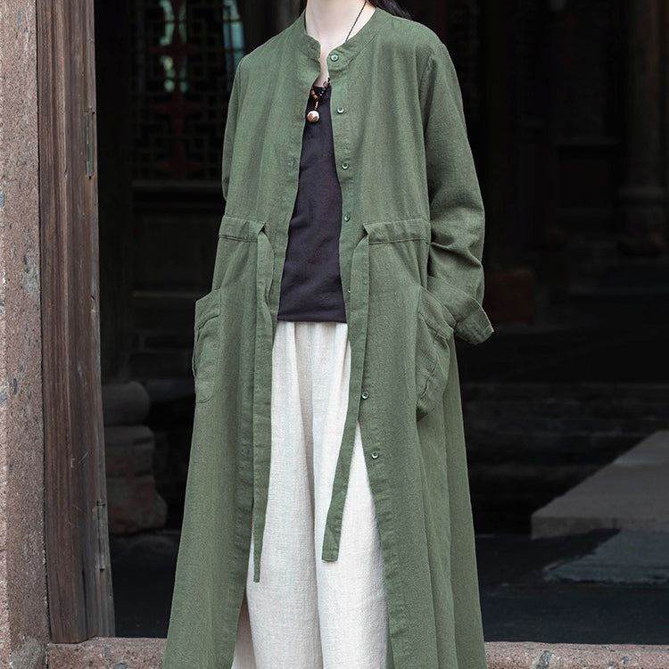 Long Sleeve Linen Long Shirt, Summer Standing Collar Cotton Jacket