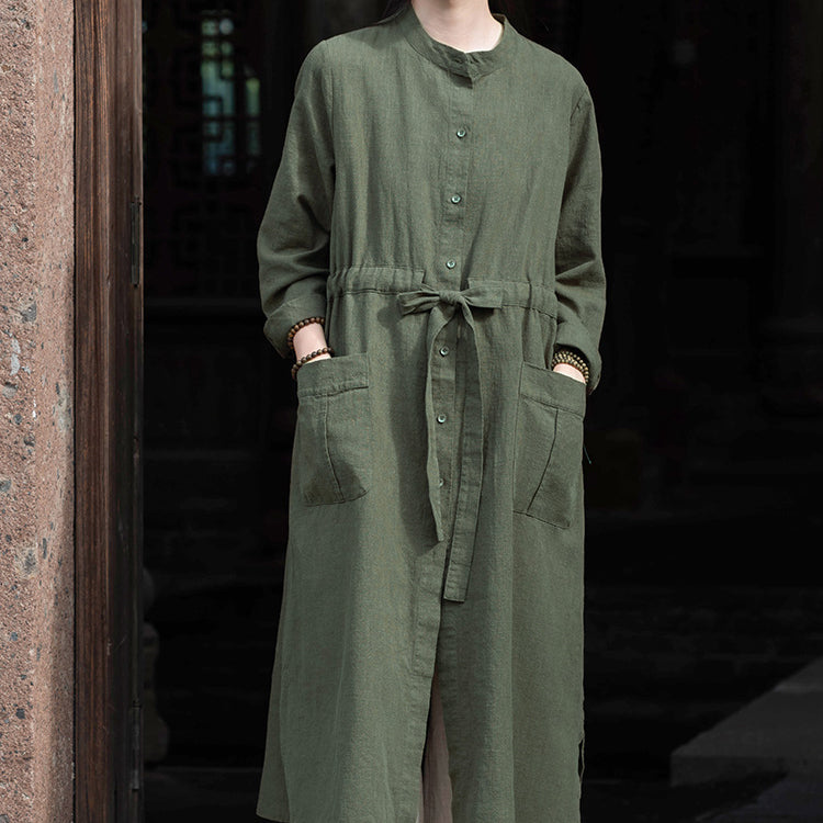 Long Sleeve Linen Long Shirt, Summer Standing Collar Cotton Jacket