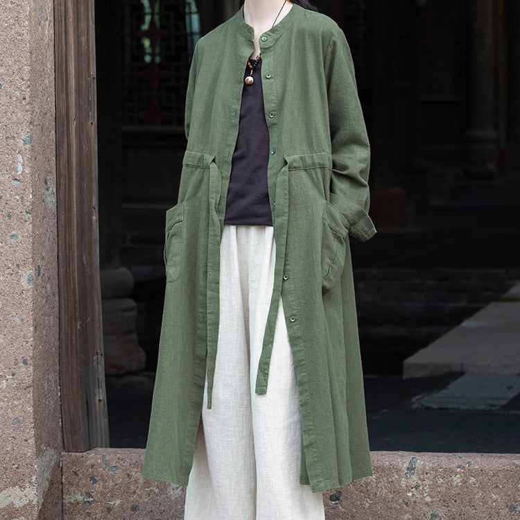 Long Sleeve Linen Long Shirt, Summer Standing Collar Cotton Jacket