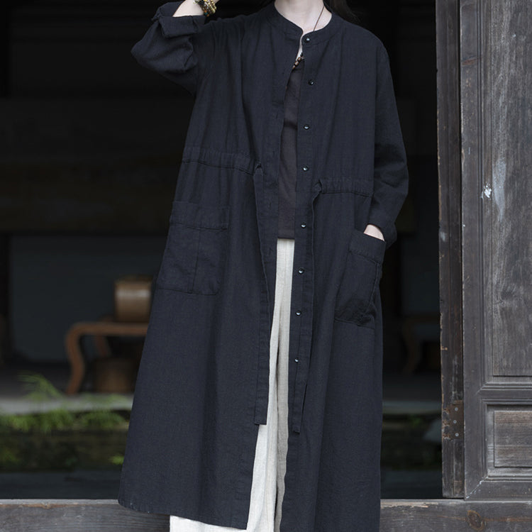 Long Sleeve Linen Long Shirt, Summer Standing Collar Cotton Jacket