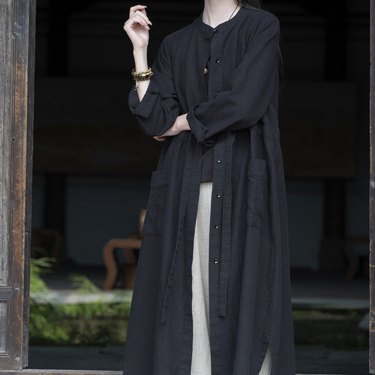 Long Sleeve Linen Long Shirt, Summer Standing Collar Cotton Jacket