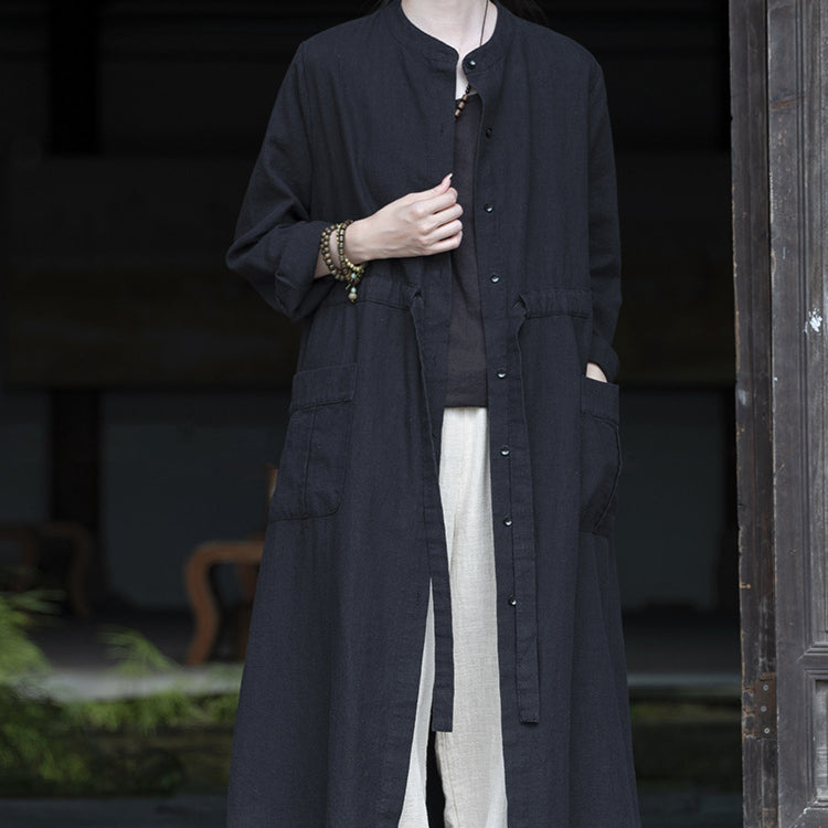 Long Sleeve Linen Long Shirt, Summer Standing Collar Cotton Jacket